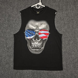USA American Flag Skull Biker Tank Top Shirt Black Size L 100% Cotton